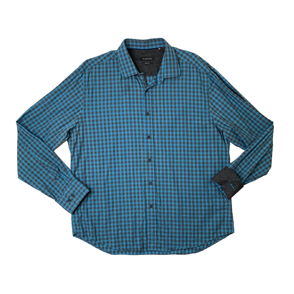 Bugatchi Shirt Mens XL Extra Large Shaped Fit Gingham Long Sleeve Flip Cuff